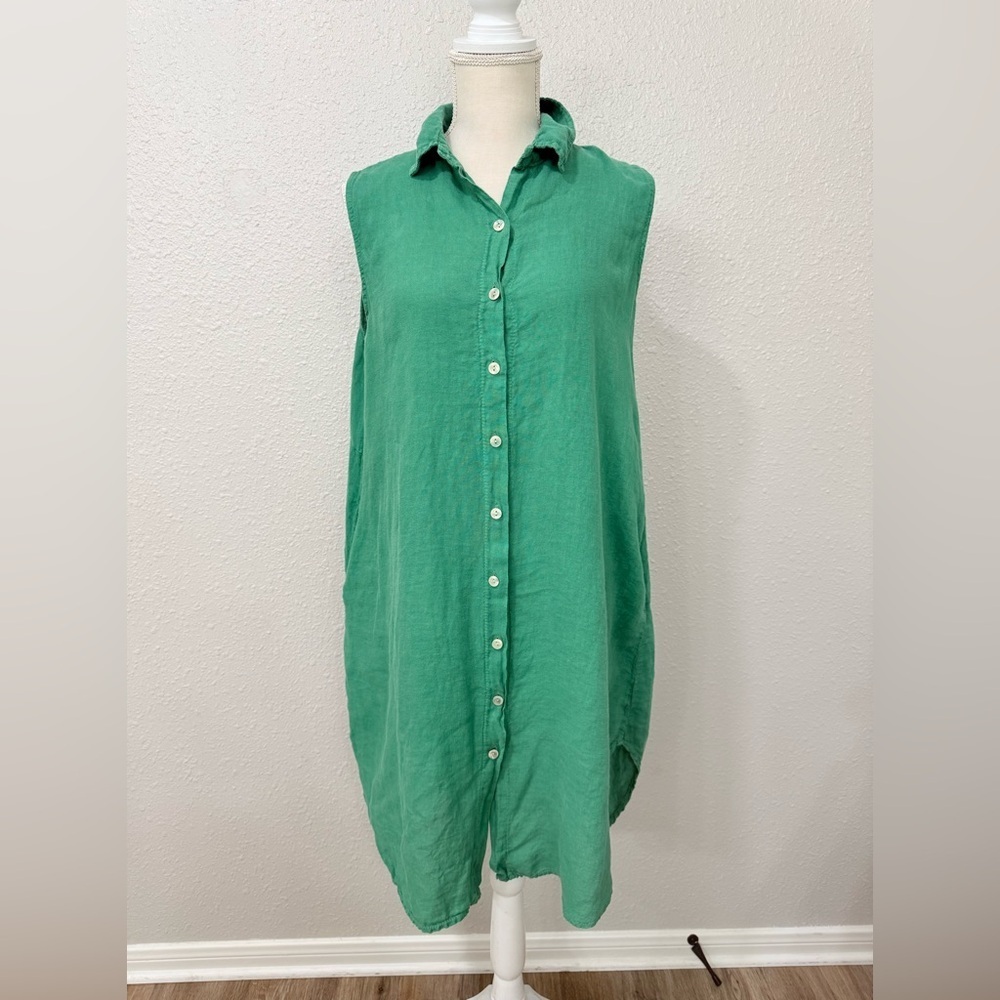 TEMPO PARIS Green Embroidery Linen Shirtdress size S-M